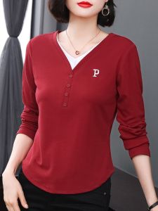 V-Neck Pure Cotton Long Sleeve T-Shirt Womens Spring Autumn Fake Two-Piece Base Shirt Elderly Sense Age Reduction Inner Wear