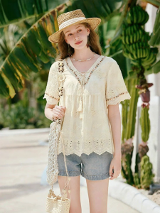 XIANGYING | V-neck Embroidered Light Loose A-line Short Sleeve Blouse