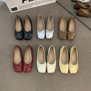 รองเท้าบัลเลต์ส้นแบนสำหรับผู้หญิง ทรงหัวเหลี่ยม ด้านในทำจากหนัง ด้านนอกทำจาก PU รองเท้าส้นแบนแบบสวมสบาย สีพื้น