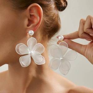 Salircon Temperament Exaggerated Imitation Pearl Large Flower Pendant Earrings Women Trendy Elegant Ear Accessories Jewelry