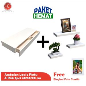 Paket Bundling Rak Laci Dinding Double Pintu & Ambalan Gantung Slim 3Pcs + Bingkai Foto 4R