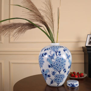 Blue and White Porcelain "Big Belly Rongfu" French Chinese Elegant Vase Decoration Hotel Homestay Living Room Entrance Soft Decoration