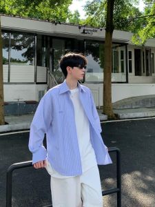 Onelyc1ns Korean Style Striped Long Sleeve Mens Shirt Early Autumn Flip Collar Basic Commuting Trendy Outerwear