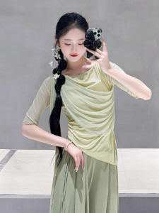 Classical Dance Gown Short Sleeve Summer Dance Top Womens Floral Drifting Mesh Dance Body Art Exam Practice Uniform