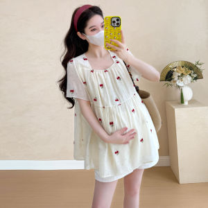 Embroidered Cherry Sweet Maternity Top and Supportive Shorts Set