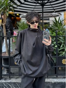 Black Handsome Overhead Shirt Mens Spring New Chinese Style Long Sleeve Button down Asymmetrical Cuff Outerwear Casual Shirt