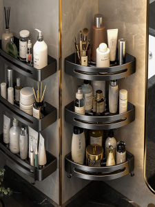 Bathroom Three-legged Stand Storage Rack Aluminum Alloy Shampoo Bath Gel No-drilling Installation Black Single-layer Triangle Shelf