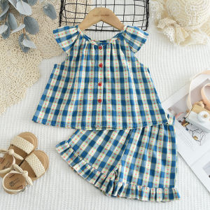 Bear Leader 1-5 Years Baby Clothing Suits Girls Summer New Outfits Korean Version Flowers Plaid Print Fly Sleeve T-Shirt Tops + Shorts 2 Pieces Sets Casual Kids Clothes