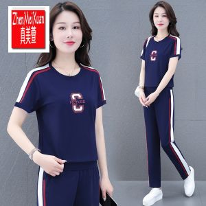 True Beauty Ice Silk Sports Suit Womens Summer Morning Run plus Size Mom White Sports Wear Long Pants Short Sleeve round Neck