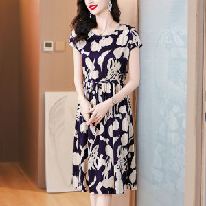 MAIMEI | Váy ngắn tay thanh lịch mùa hè 2025 cho nữ Váy chữ A họa tiết hoa cạp chun dáng chữ A váy dự tiệc cho phụ nữ trung niên