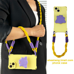Original Yellow Cartoon Versatile Monster Stand Compatible with 15/16 Phone Case 17  14/13/12 pro Max Crossbody Lanyard Womens Style Four Corner Hanging Hole Handheld