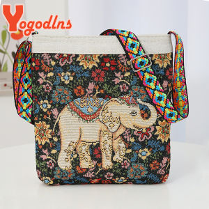 Yogodlns  Embroidered Elephant Handheld Bag Women New Retro Large Capacity Crossbody Bag Nylon Knitted Casual Portable Handbag