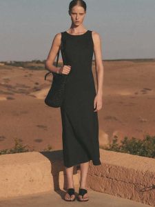Elegant V-neck Cotton Linen Vest Dress Sleeveless Slimming Black Dress Spring Summer New Arrival Womens Fashion Commute Style