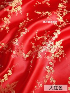 Large 120cm Wide Red Plum Blossom Embroidered Silk Fabric Festive Glossy Cloth for Traditional Chinese Costume DIY Crafts