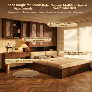 Compact Multi-functional Customizable Solid Wood Bed with Cabinet