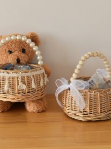 Handheld Wicker Flower Basket Bridal Gift Childrens Princess Blue Country Picnic Pearl Bag Indoor Outdoor Storage Basket