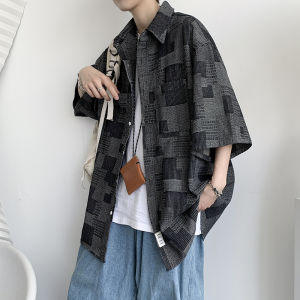 Vintage Plaid Short Sleeve Mens Shirt Design Sensation Niche Hong Kong Style Retro Pure Summer Casual Fashion Youth Trend