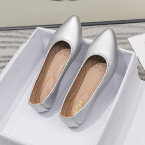 Silver Color Soft Bottom Leather Single Shoes Flat Work Shoes for All Seasons Pointed Toe Slip-On Casual Fashion Footwear