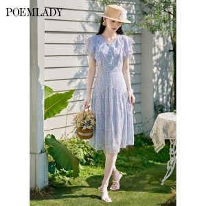 POEMLADY | Blue Geometric Print Short Sleeve Dress Floral