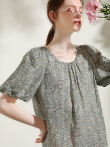 Miccbeirn | Miccbeirn Summer Pure Flax Floral Print Elegant Fresh Commute Lightweight Comfortable Bubble Sleeve Womens Dress