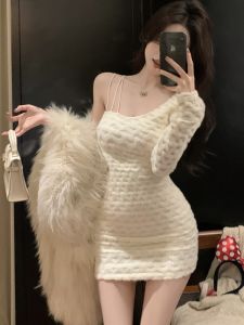 GUZILIAN | Slim Fit Knitted Strap Dress Korean Style Long Sleeve Short Skirt Elastic Bandage Dress For Young Women Commute Suitable