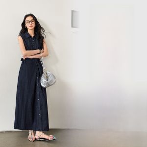 Vimly | Vimly Summer New Womens Sleeveless Denim Dress Slim Waist Long Skirt Casual Style Mid Waist Cotton A-Line Dress