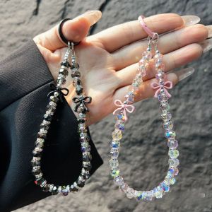 Fashion Y2K Aesthetic Two-tone Double Bow Shiny Crystal Bead Phone Wrist Strap Keychain Anti-lost Lanyard Pendant for Girl Women