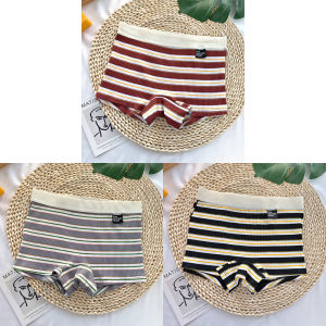 Womens Colorful Striped Pure Cotton Boxer Shorts mid Waist Sporty Breathable Underwear with Wide Edges Antibacterial Properties