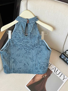 chaqi | New Chinese Style Watercolor Denim Neck Hanging Vest Womens Inner Wear Summer Spicy Short Top Outerwear Design Sense
