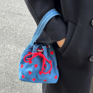 Denim Bag Womens Messenger Bag Fashion All-Match Drawstring Bucket Bag Casual Pouch Minimalist Handbag Shoulder Bag