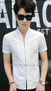 Áo sơ mi nam áo sơ mi cộc tay cổ đứng kéo khóa chất liệu siêu mát thấm hút mồ hôi N19