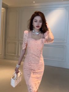 ZYHT eravogue Đầm Body hồng Nhẹ nhàng Mảnh mai ngọt ngào vải ren chân đầm nữ váy ngang hông 20496