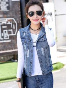 Fashionable Denim Vest Womens Sleeveless Backless Short Jacket Outerwear Korean Style Commute Button Detail Plain Color