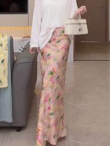 MANMI | Váy Dài Mermaid Chất Liệu Satin Màu Hồng Mới Mùa Hè Phong Cách Nghỉ Dưỡng Thoải Mái Cao Waist