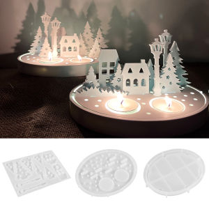 3PCS Silicone Molds With Snowy Trees Houses And Lanterns Hollow Street Landscape Design For DIY Plaster Winter Village Scene