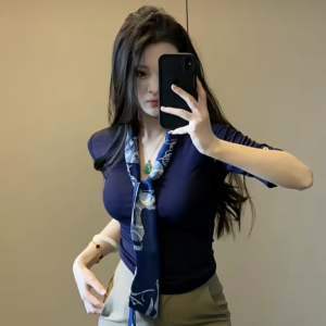 Discover the Ultimate Summer Fashion: Korean Women's V-Neck Ribbon Scarf & Patchwork Half-Sleeve Tops