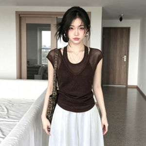 CHOEFULYN | Lace Hollow-out Neck Hanging Knit Short Sleeve T-shirt