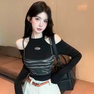 เสื้อยืดแขนยาวเปิดไหล่สไตล์สาวเผ็ดร้อน ดีไซน์เสื้อกั๊กแขนกุด แฟชั่นฤดูใบไม้ร่วง ผ้าฝ้ายผสมโพลีเอสเตอร์ ความยาวปกติ