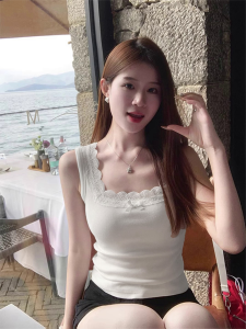 Áo Vest Dây Ren Trắng Thắt Nút Bướm Mùa Hè Mới Không Có Đệm Ngực Áo Lót Trong Suốt Đẹp Mắt Áo Vest Ngắn Kiểu Dáng Ôm Vừa Vặn