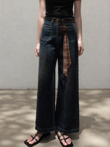 Cantonstory | Quần Jeans Xòe Cao Cổ Màu Xanh Vintage