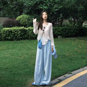 High-Waisted Extended-Length Cotton Pants for Women with Pocket Loose Fit Ruched Style in Sky Blue Lightweight Work Clothing