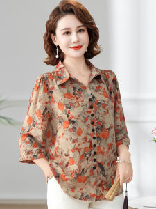Elderly Women Light T-Shirt 3/4 Sleeve Floral Collar