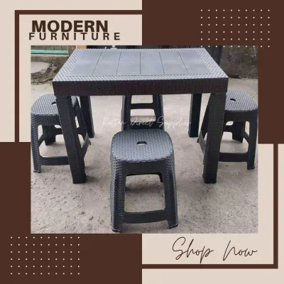 4 SEATER RATTAN TABLE AND STOOL CHAIRS SET