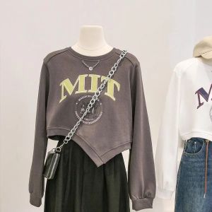Retro American round Neck Letter Print Sweatshirt Womens New Design Spring 2025 Asymmetrical Long Sleeve T-shirt