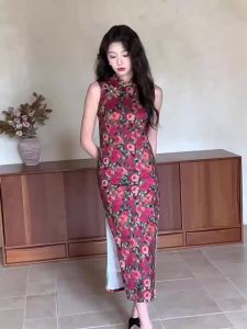Áo Qipao In Hoa Hồng Không Tay Cao Cấp Elegance Phong Cách Trung Quốc