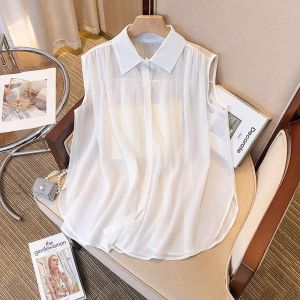 NUANKONG | French Style Slimming Plus Size Polo Collar Sleeveless Summer New Blouse Chiffon