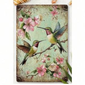 CIFbuy | Metal Wall Art Vintage Cherry Blossom Hummingbird Rustic Floral Decor 8x12 Inch Canvas Print