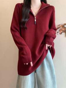 เสื้อสเวตเตอร์คอปกปิดซิปครึ่งตัวสีแดง ทรงหลวม แขนยาว ปกโปโล สำหรับผู้หญิง ฤดูใบไม้ผลิ ฤดูใบไม้ร่วง ฤดูหนาว เสื้อผ้าทำงาน
