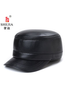 หมวกหนังแท้ทรงตรงลิ้นสั้นหรูหราหมวกหนังทรงแบนสำหรับผู้ชายแก๊ปหนังแกะปีกสั้นปีกสั้นพร้อมด้านบนแบนสำหรับฤดูใบไม้ผลิและฤดูหนาว