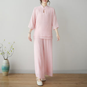 Ethnic Style Cotton and Linen Yoga Clothes Repair Zen Clothes Suit Female Summer Chinese Style Zen Tea Gown Lay Buddhist Clothes Two-piece Set Spring & Fall